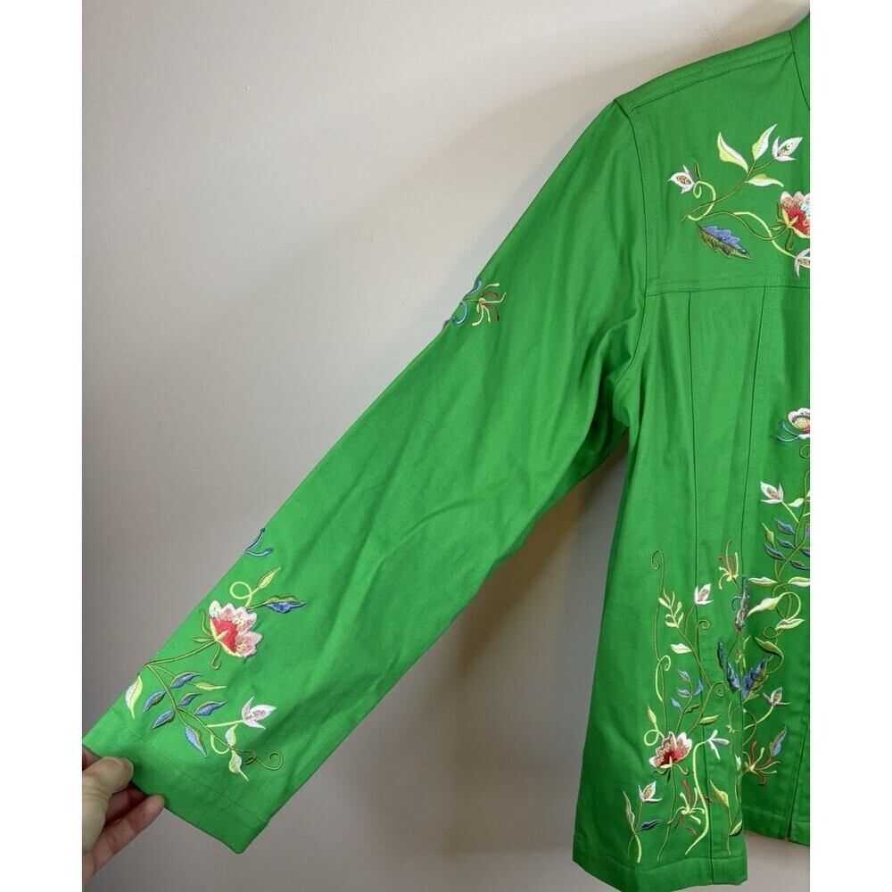 QUAKER FACTORY Green Floral Embroidered Zip Up Jacket Large Butterfly Spring NEW - Picture 6 of 16